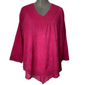 Pink Cotton Mexican embroidered crochet lace trim tunic L